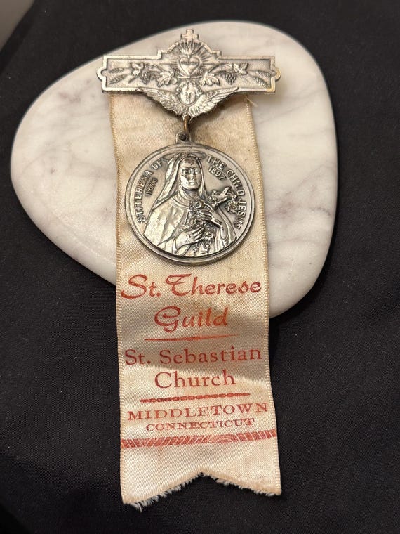 Vintage St. Therese Guild Religious Medal Pin - St. Sebastian Church Ribbon