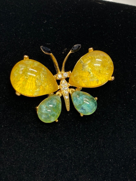 Vintage, yellow and green butterfly brooch with rh