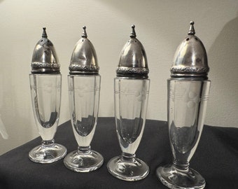 Set of 4 Vintage Sterling Silver with etched Glass Salt and Pepper Shakers