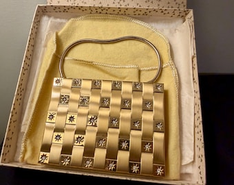 Vintage Mid Century Gold Tone Compact Evening Purse Mirror Comb Vanity Case In Box