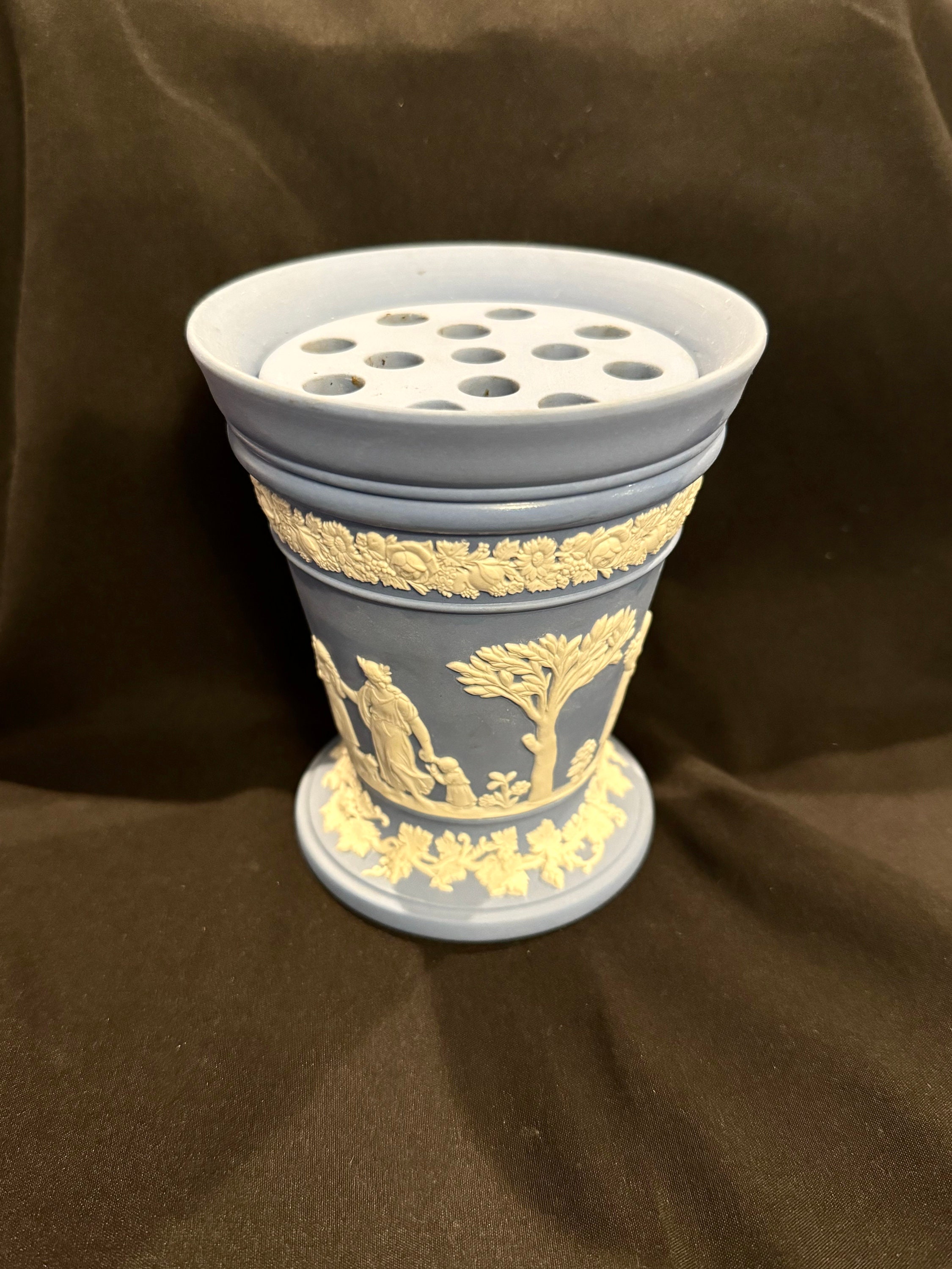 Vintage Wedgwood Blue Jasperware Tapered and Footed Vase With