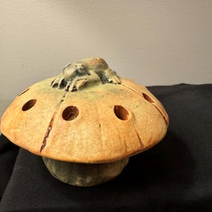 May include: A ceramic mushroom-shaped vase with a frog on top. The vase has six holes around the top for flowers. The vase is a light brown color with green accents.