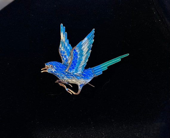 Stunning Vintage Blue Bird Swollow Enamel on Silv… - image 5