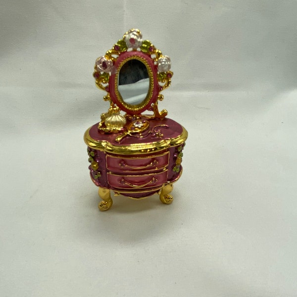 Fortune series pink and gold Metal trinket box makeup desk with mirror.