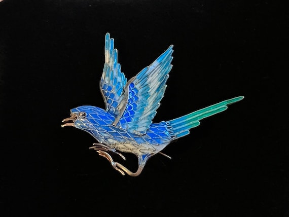 Stunning Vintage Blue Bird Swollow Enamel on Silv… - image 1