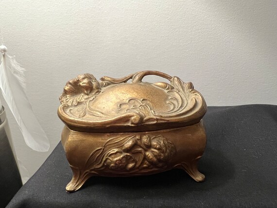 Gilded Art Nouveau Metal Casket Repoussé Jewelry Trinket Box