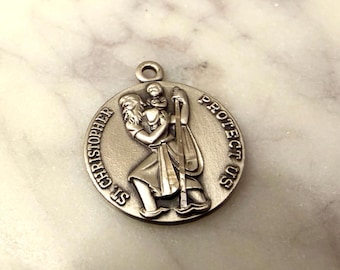 Vintage Sterling Silver St Christopher Protect Us Medal Pendant 3/4” Religious Charm