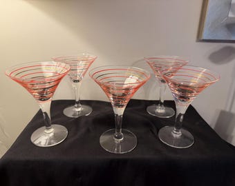 Vintage Mid Century Martini Glasses Set of 5 Red Gold Spiral Stripe Cocktail Glasses