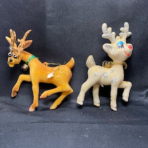 Two vintage felt flocked reindeer, Christmas tree ornaments.