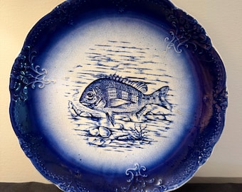 Antique French Cobalt Blue Fish Plate – 8 1/4” Majolica Style Seafood Plate – France Pottery Coastal Decor Gallery Wall Decor