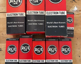 Vintage nine RCA electron tubes in original boxes.
