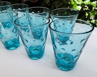 Vintage Set of 8 Aquamarine Blue Hazel Atlas Capri Polka Dot Juice Glasses