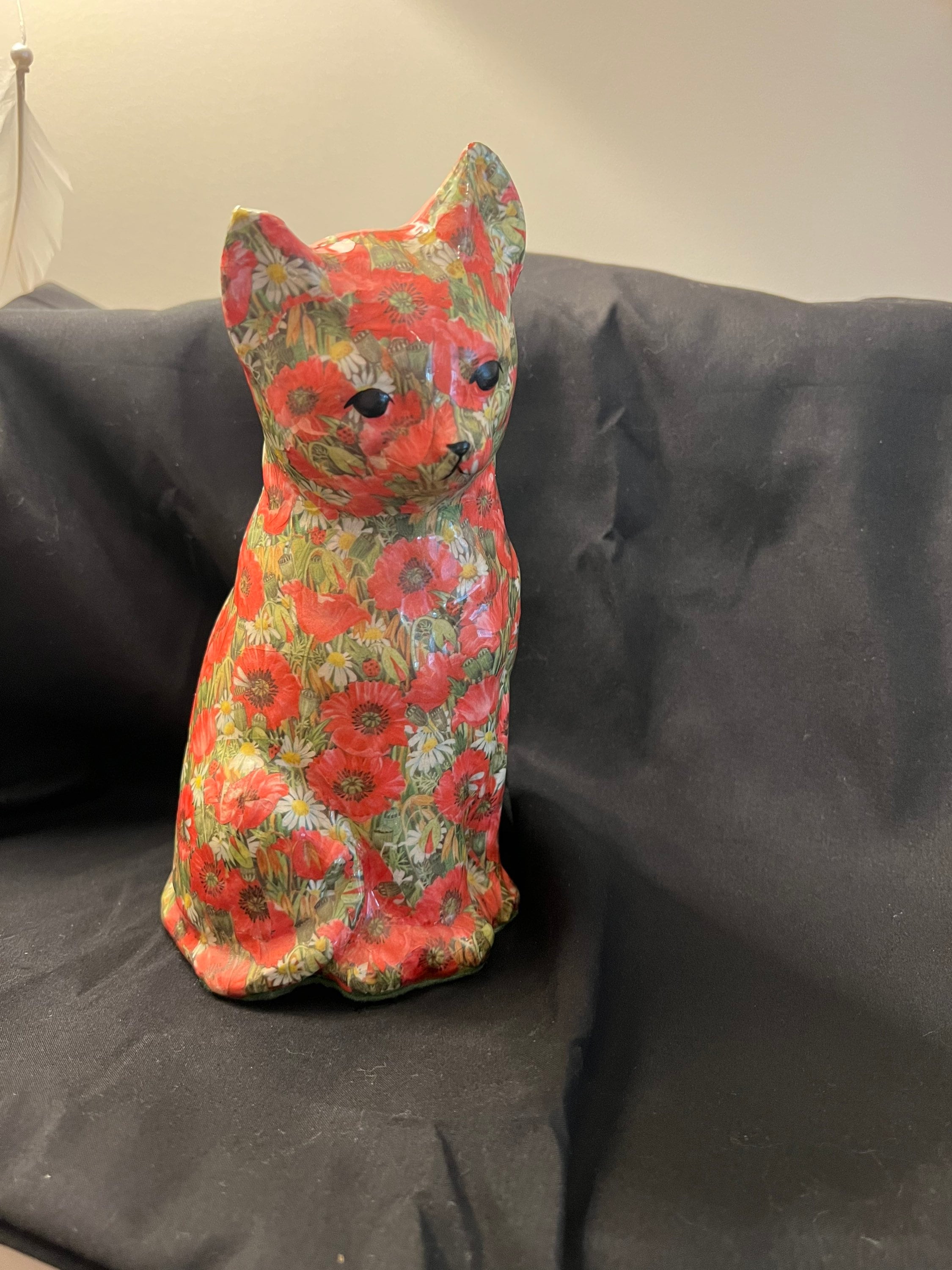 ヴィンテージ　猫イエローの花柄ドール Vintage Floral Decoupage Cat Statue by Linda Edgington - Etsy