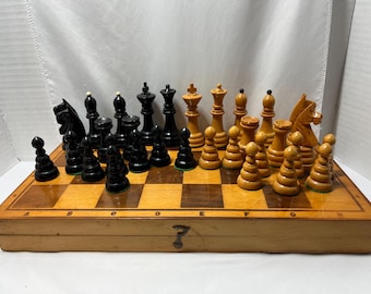 Vintage wooden chess set,specifically identified as a Soviet era tournament or club set .
