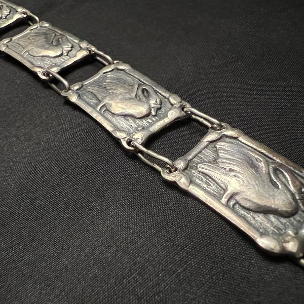 Vintage Sterling Silver Swan Panel Bracelet
