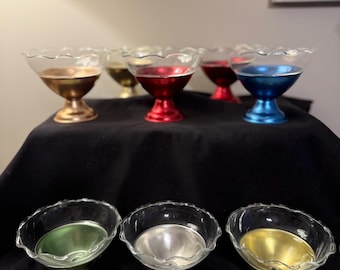 Vintage Heller Hostess Ware "Colorama" Anodized Aluminum Sherbet Ice Cream Cups With Glass Inserts c.1950's. Set of 8