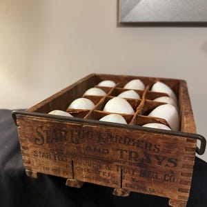 Vintage Star Egg Carriers and Trays Rochester NY Crate with 12 Milk Glass Eggs Antique Wood Chicken Egg Farmhouse Crate