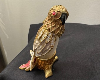 Enameled Rhinestone Jewel Encrusted Parrot Perfume Scent Vanity Bottle Screw Lid 3"