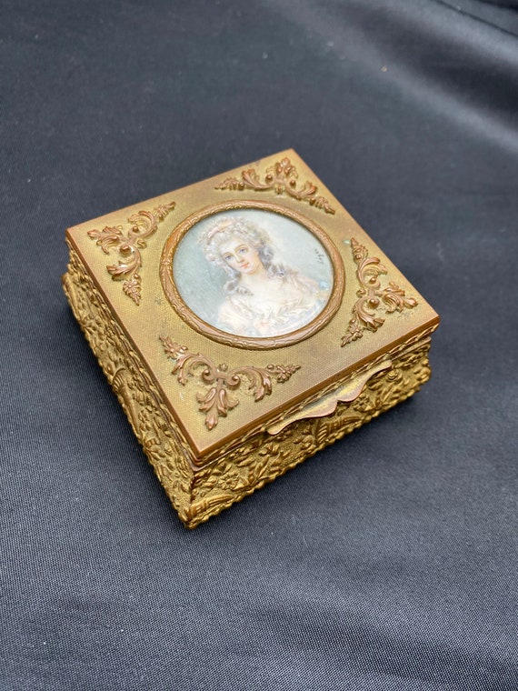 Antique French, gilded brass portrait, trinket box