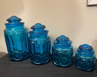 Set of Four Vintage L. E. Smith Moon & Stars Blue Glass Kitchen Canisters Apothecary Canisters Graduated Sizes