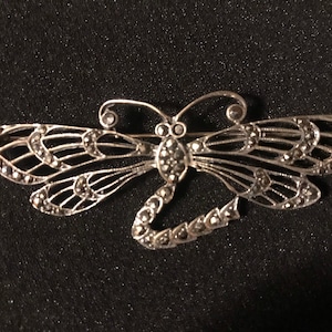 Sterling brooch -Vintage sterling and marcasite dragonfly filigree brooch.