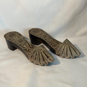 Vintage Turkish wood filigree metal clogs bath shoes, Nikon decorative slippers.