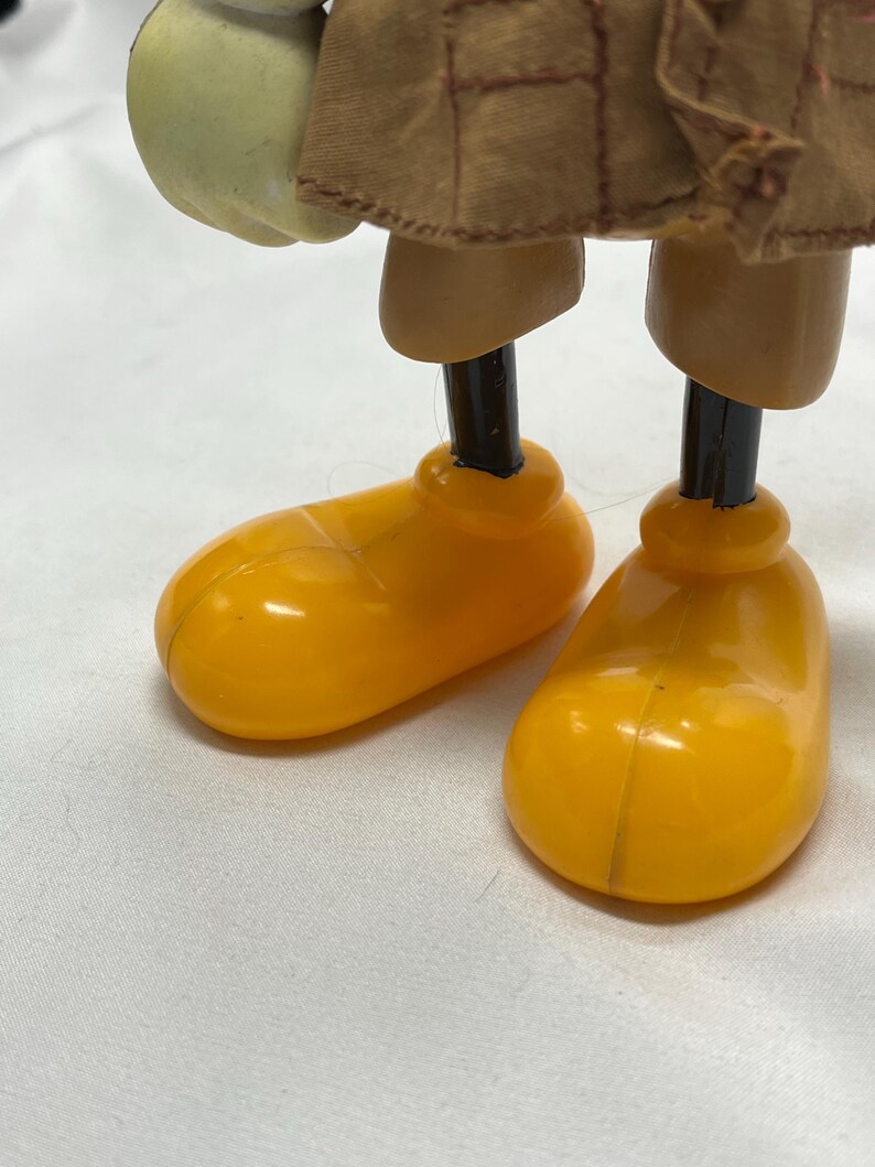May include: Close-up of a doll's legs and feet. The doll has bright yellow shoes and tan-colored legs. The doll is wearing a brown coat. The background is a white surface.