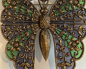 Rare Antique Art Nouveau Stained Glass Plique a jour Butterfly Brooch Purple and Green