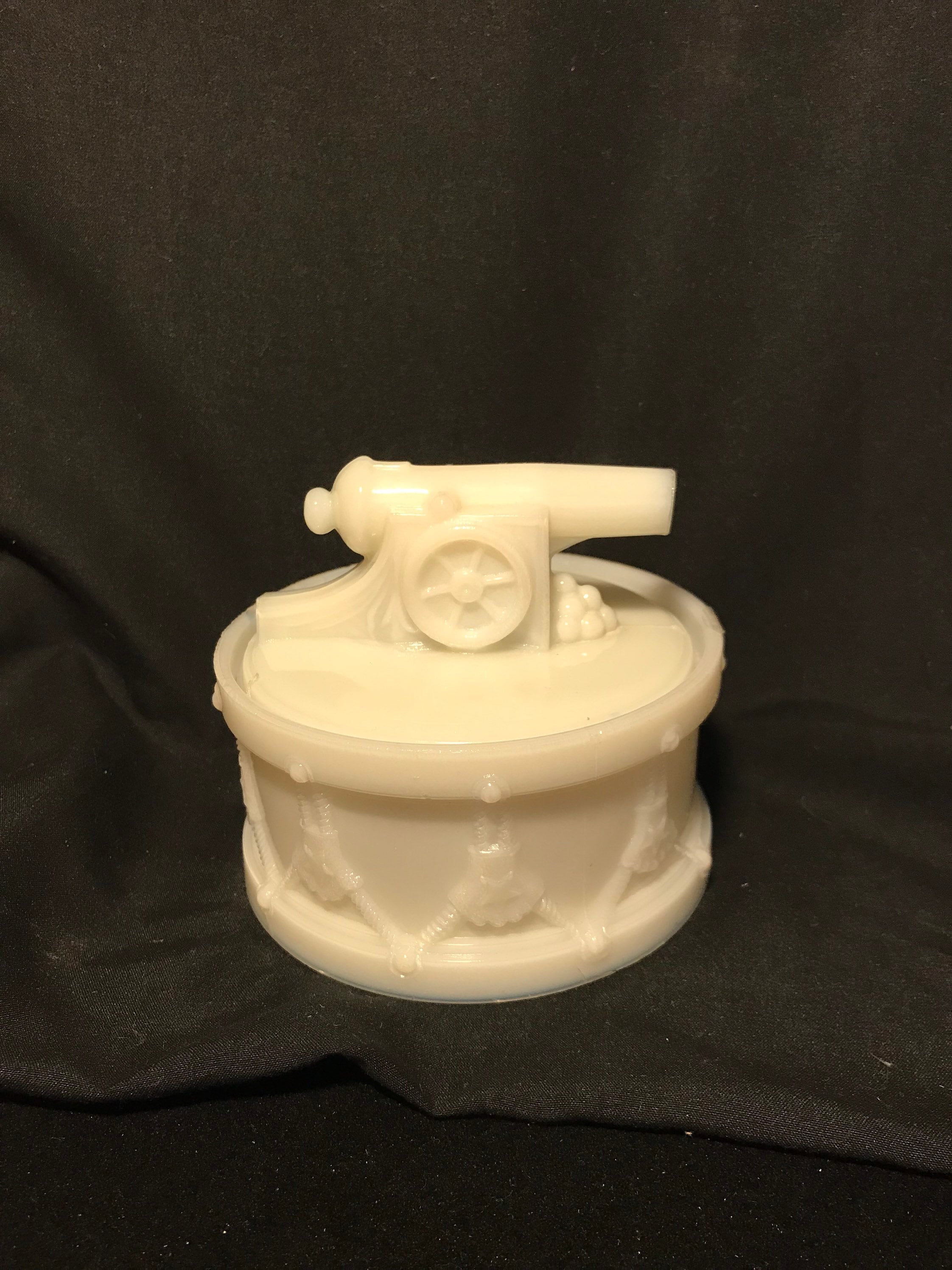 Vintage Cannon and Snare Drum Milk Glass Covered Candy Dish