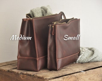 Brown Leather Zipper Clutch: Travel Makeup Toiletry Organizer