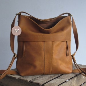 Camel leather convertible backpack, multifunctional bag, diaper shoulder bag image 3