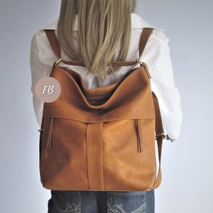 Camel leather convertible backpack, multifunctional bag, diaper shoulder bag image 4