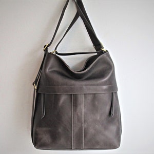 Grey leather shoulder bag convertible backpack, distressed leather purse image 1