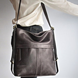 Grey leather shoulder bag convertible backpack, distressed leather purse image 2