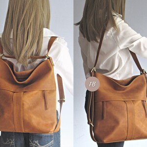 Camel leather convertible backpack, multifunctional bag, diaper shoulder bag image 2