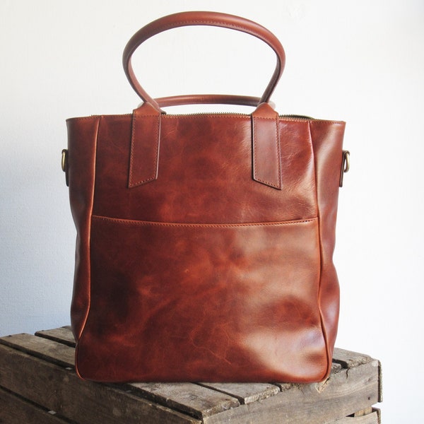 Cognac leather tote bag, crossbody laptop bag, work bag