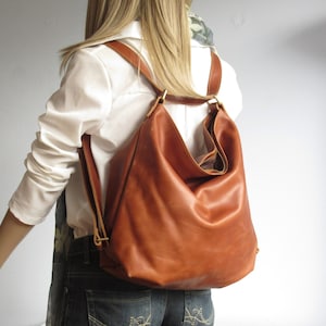 Tan Leather Backpack Convertible Bag, Shoulder and crossbody - Functional & Stylish