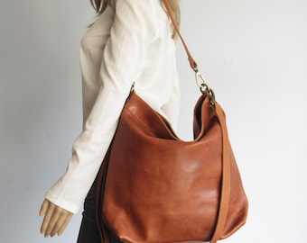 Leather hobo bag, large tan purse with crossbody strap
