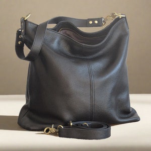 Black leather shoulder bag, small tote, leather hobo purse, zipper top image 1