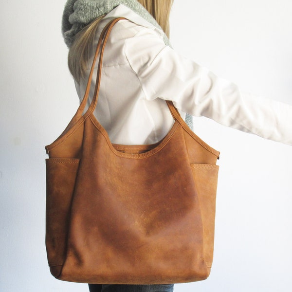 Leather tote bag woman, camel shoulder bag, leather purse