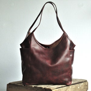 Sac en cuir marron, sac à bandoulière en cuir, cabas en cuir avec poches, sac à main en cuir pour femme, sac en cuir vieilli image 1