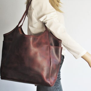 Sac en cuir marron, sac à bandoulière en cuir, cabas en cuir avec poches, sac à main en cuir pour femme, sac en cuir vieilli image 4