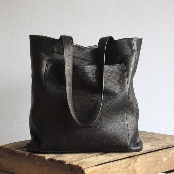 Black Leather Purse, Shopper Tote Bag, Book Bag, Soft Shoulder Bag