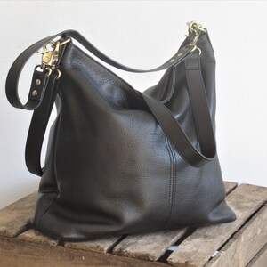 Black leather shoulder bag, small tote, leather hobo purse, zipper top image 2