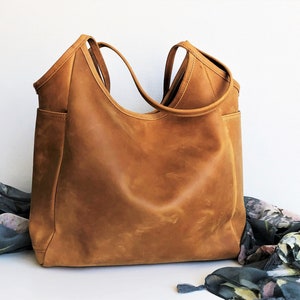 Camel leather shoulder bag, genuine leather tote, purse with 7 pockets