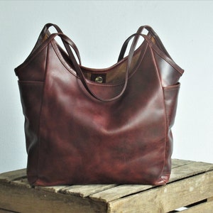 Sac en cuir marron, sac à bandoulière en cuir, cabas en cuir avec poches, sac à main en cuir pour femme, sac en cuir vieilli image 5