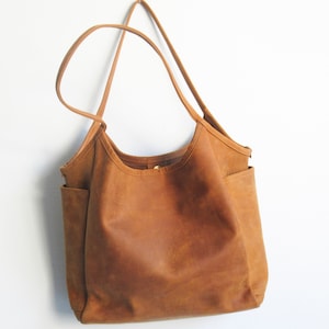 Leather tote bag woman, camel shoulder bag, leather purse image 4