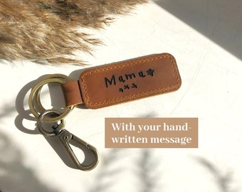 Schlüsselanhänger aus Leder, personalisierte Handschrift, Schlüsselanhängerschlaufe, Geschenk zum 3. Jahrestag für Sie oder Ihn