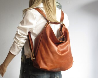 Beige Leder Rucksack Wandelbare Tasche, Schulter und Crossbody - Funktional und Stilvoll