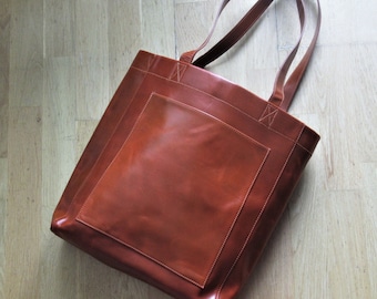 Cognac Leather Tote Bag, Large Shopper, Shoulder Bag, Leather Purse